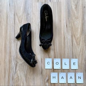 COLE HAAN Suede + Patent Wingtip Tassel Bow Pumps - Size 7.5
